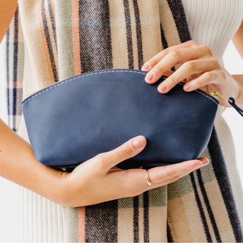 Portland Leather Toiletry Bag and Wristlet in color Deep Water